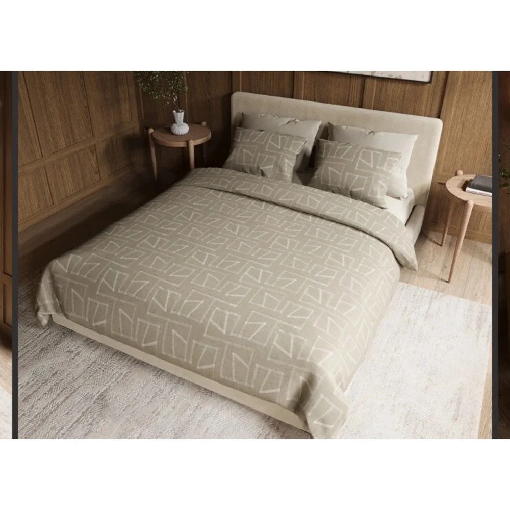 NEW Lemieux Et Cie Mareé Taupe Embroidered Linen/Bamboo Queen Duvet Set‎